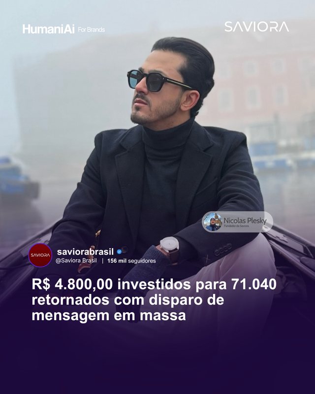 Saviora: R$ 4.800 investidos para R$ 71.040 retornados com disparo em massa